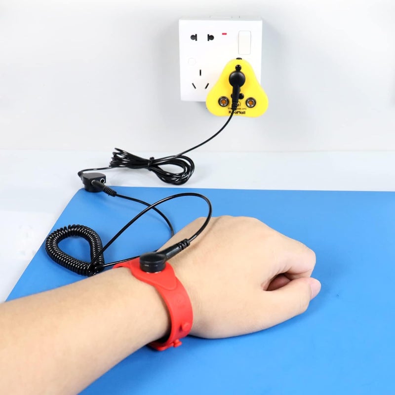 KooMall 4 in 1, Ground Kit- Anti Static Wrist Strap, ESD Plug, Screw Stud & 10ft Grounding Cord with 2 Banana Jacks for Antistatic Bench Table Floor Mat, Ground by Outlet Socket Silicone Wristband - Image 2
